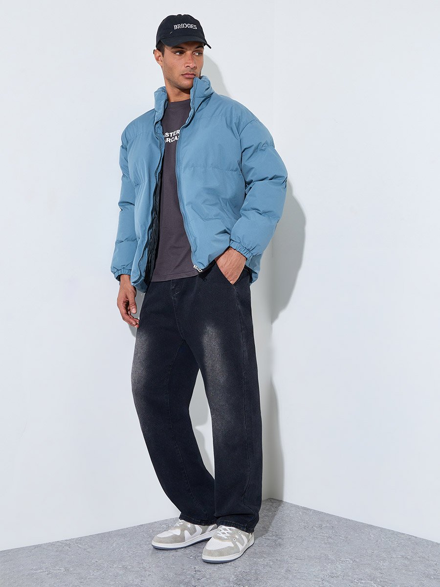Men Blue Plain Oversized Puffer Jacket