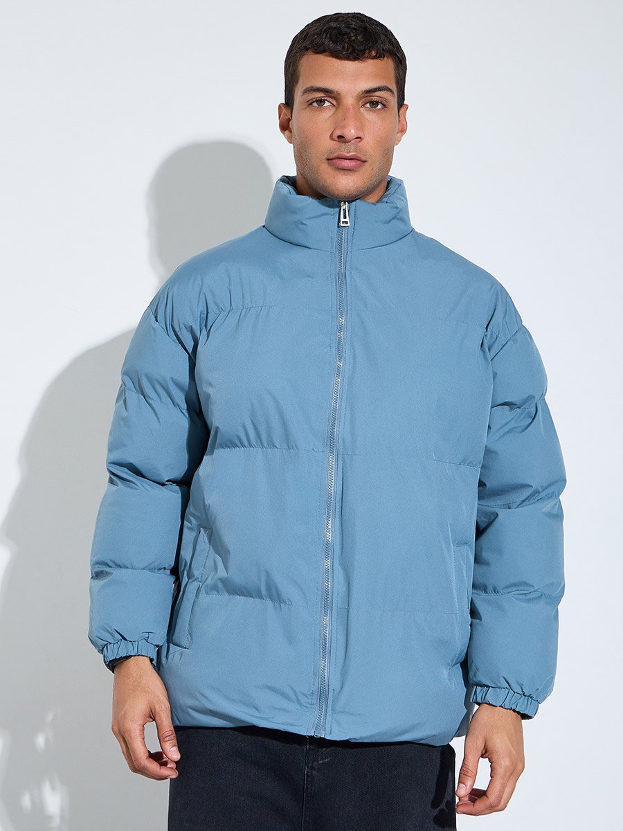 Men Blue Plain Oversized Puffer Jacket