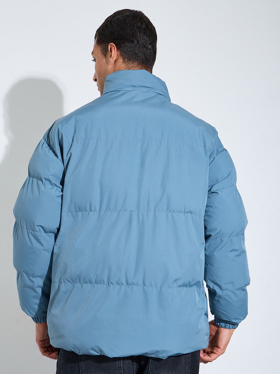 Men Blue Plain Oversized Puffer Jacket