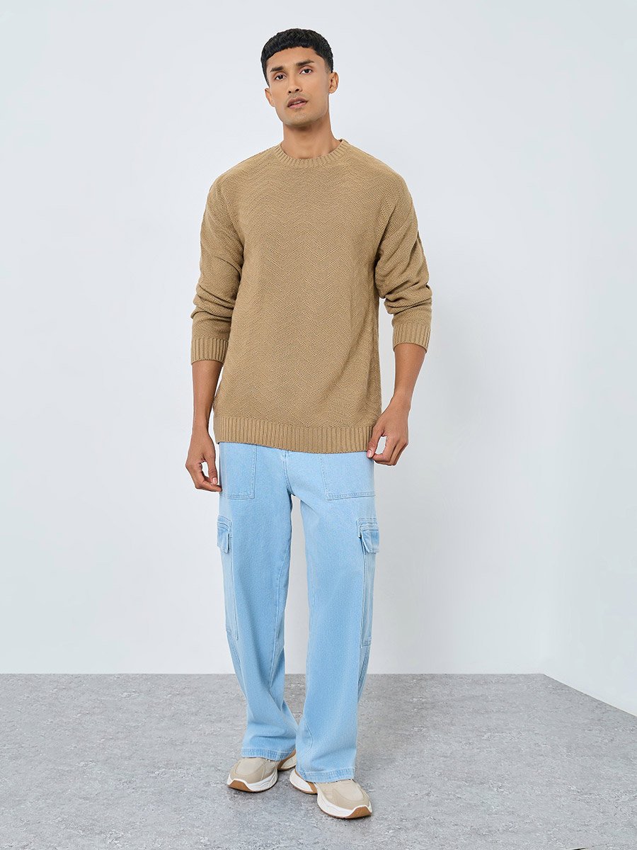 Men Beige Oversized Knit Sweater