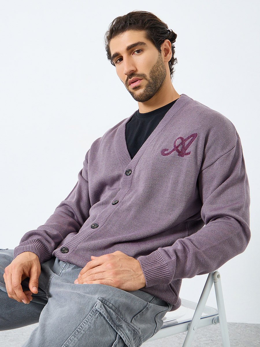 Men Brown Embroidered Knit Cardigan