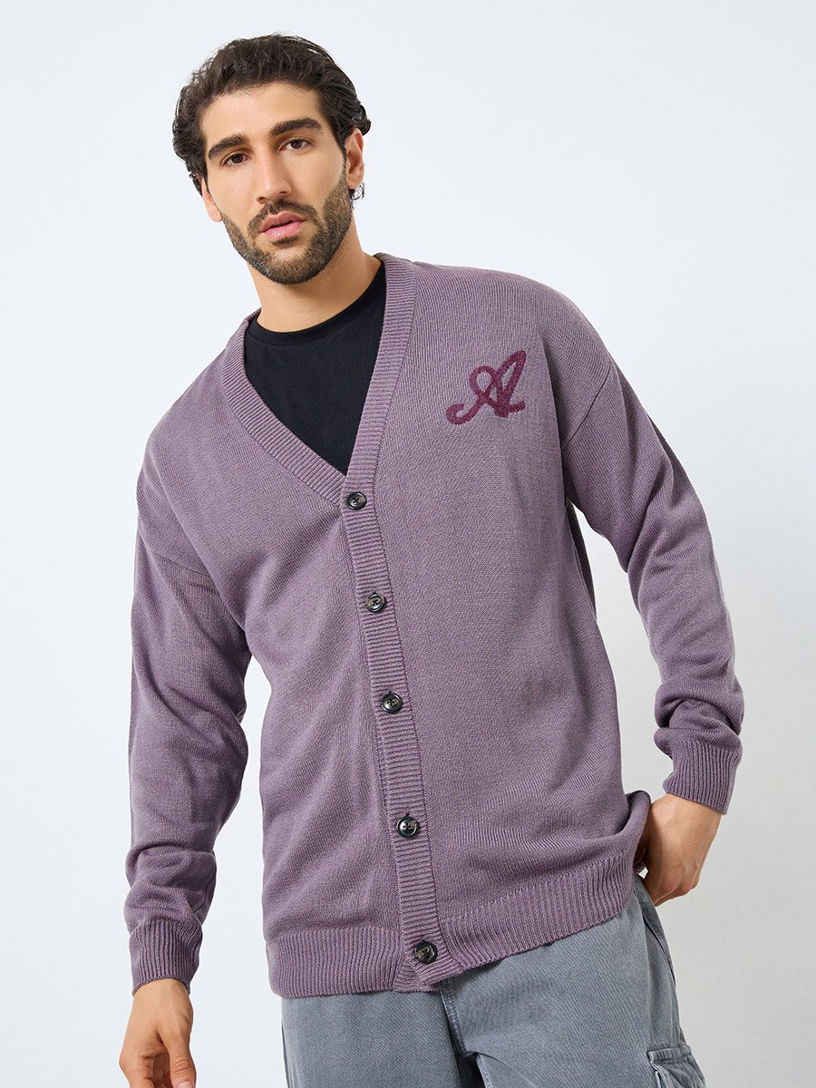 Men Brown Embroidered Knit Cardigan