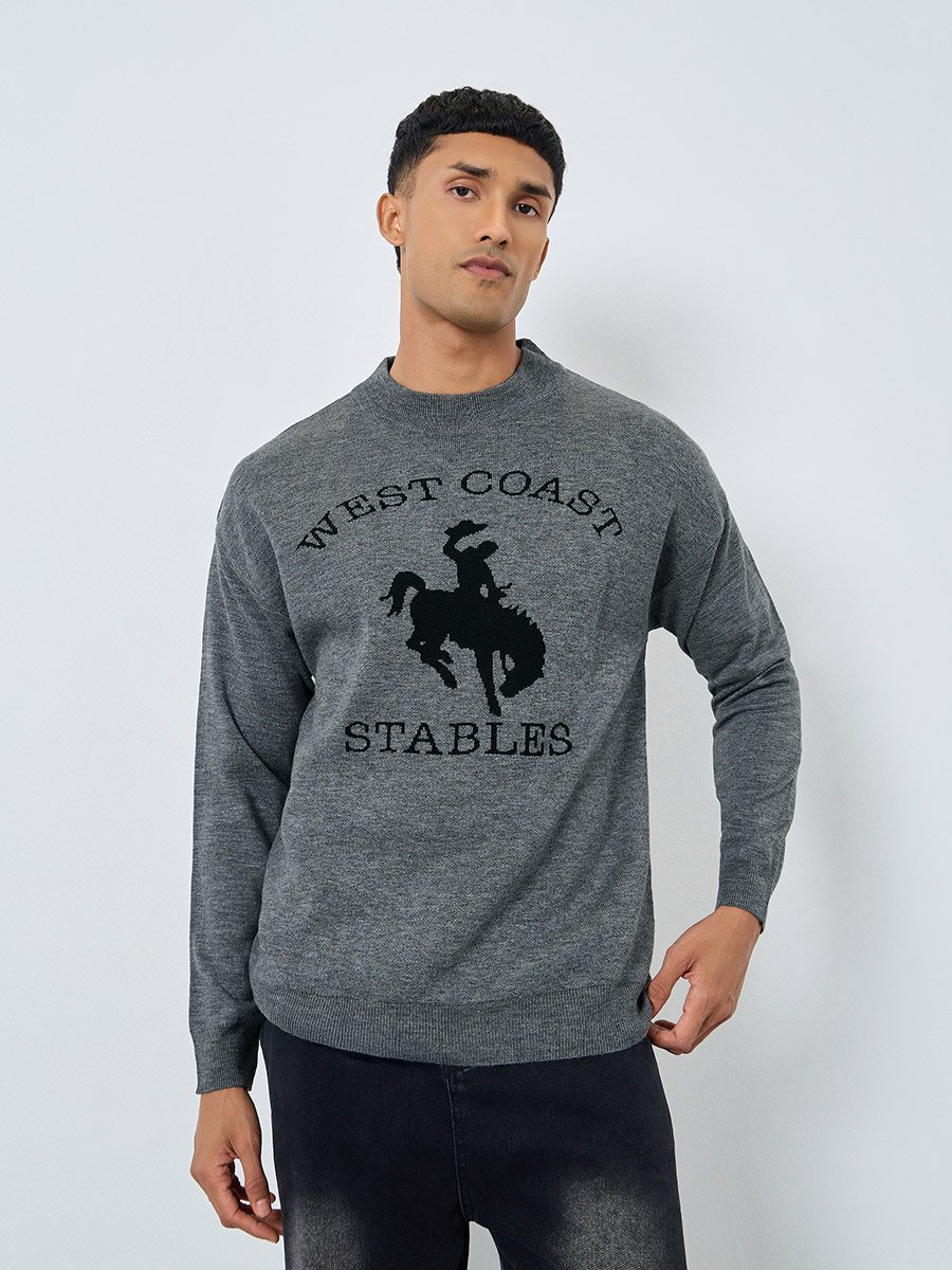 Men Grey Flat Knit Relaxed Sweater