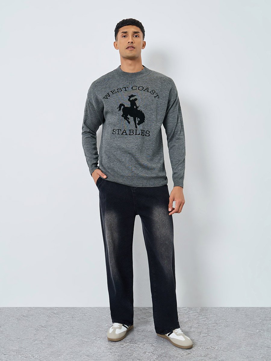 Men Grey Flat Knit Relaxed Sweater
