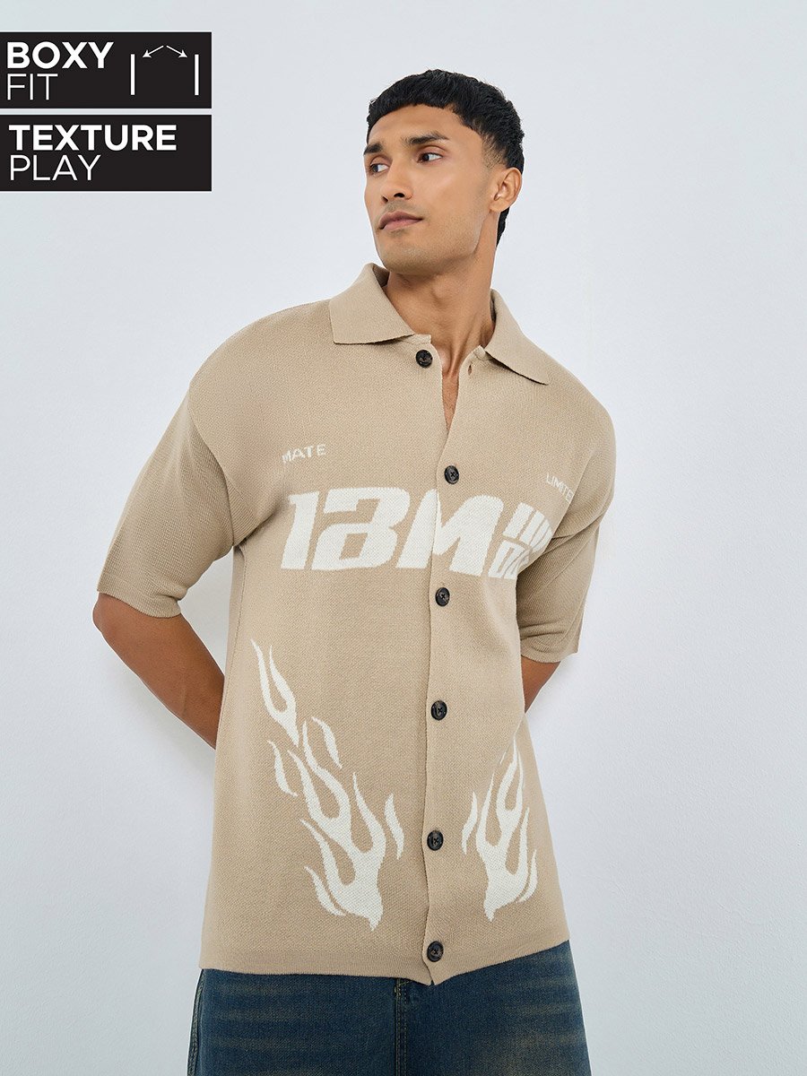 Men Beige Printed Boxy Fit Knitted Shirt
