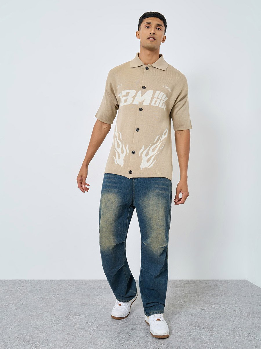 Men Beige Printed Boxy Fit Knitted Shirt