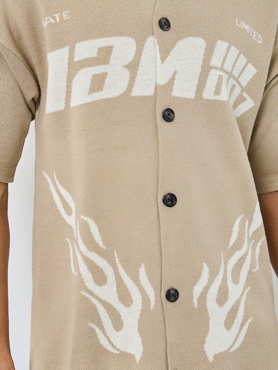 Men Beige Printed Boxy Fit Knitted Shirt