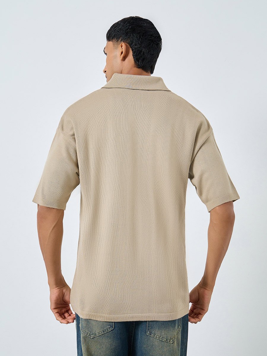 Men Beige Printed Boxy Fit Knitted Shirt