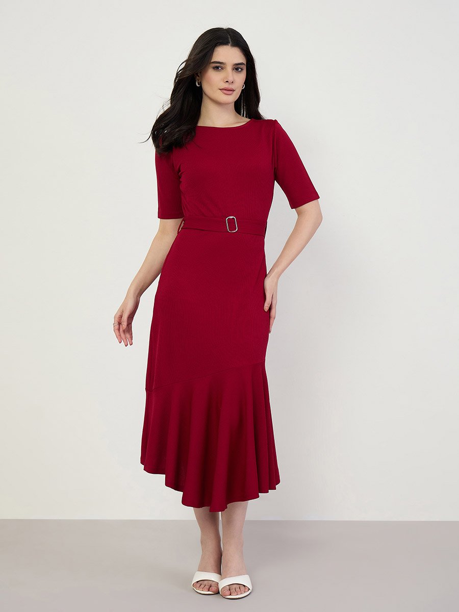 Women Burgundy Mermaid Hem Midi Dress 