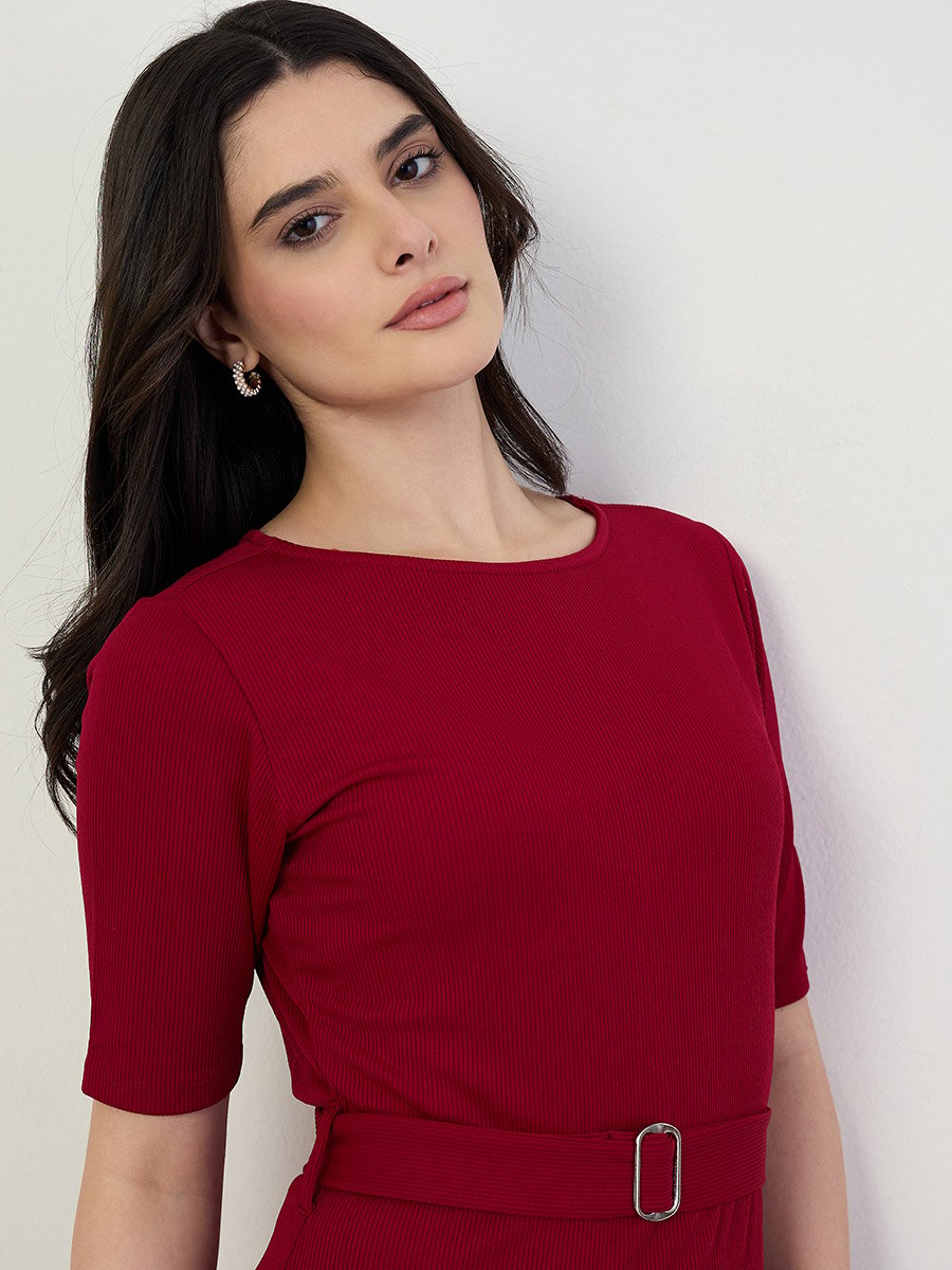 Women Burgundy Mermaid Hem Midi Dress 