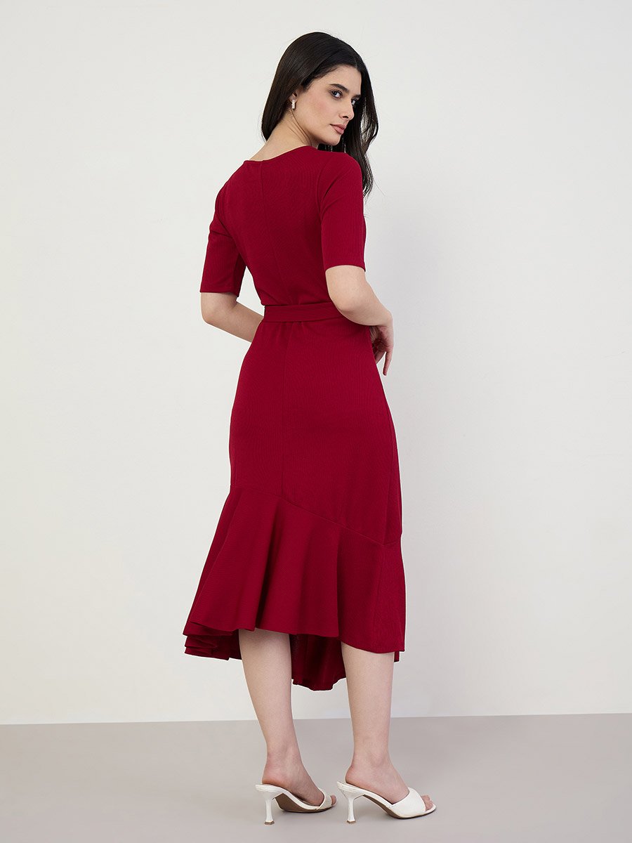 Women Burgundy Mermaid Hem Midi Dress 