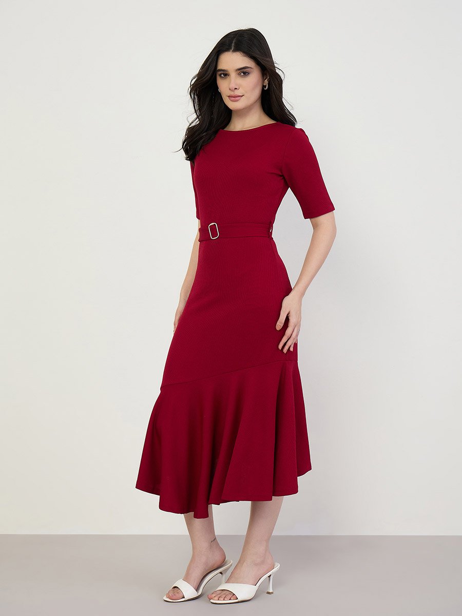 Women Burgundy Mermaid Hem Midi Dress 