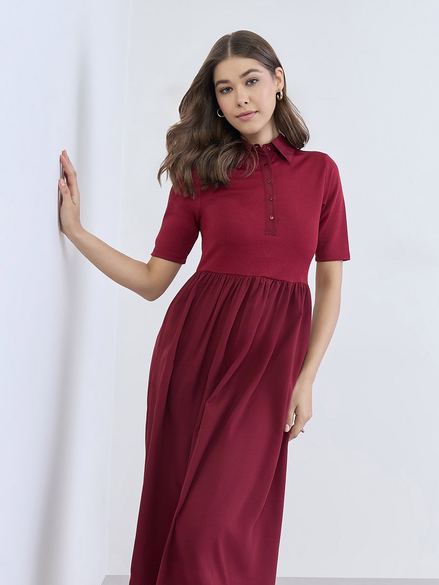 Women Burgundy Buttoned A-Line Midi Dress For Women at Bahrain | Styli