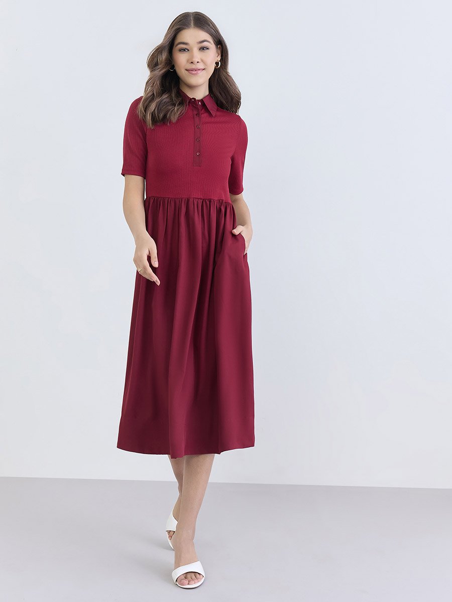 Women Burgundy Buttoned A-Line Midi Dress