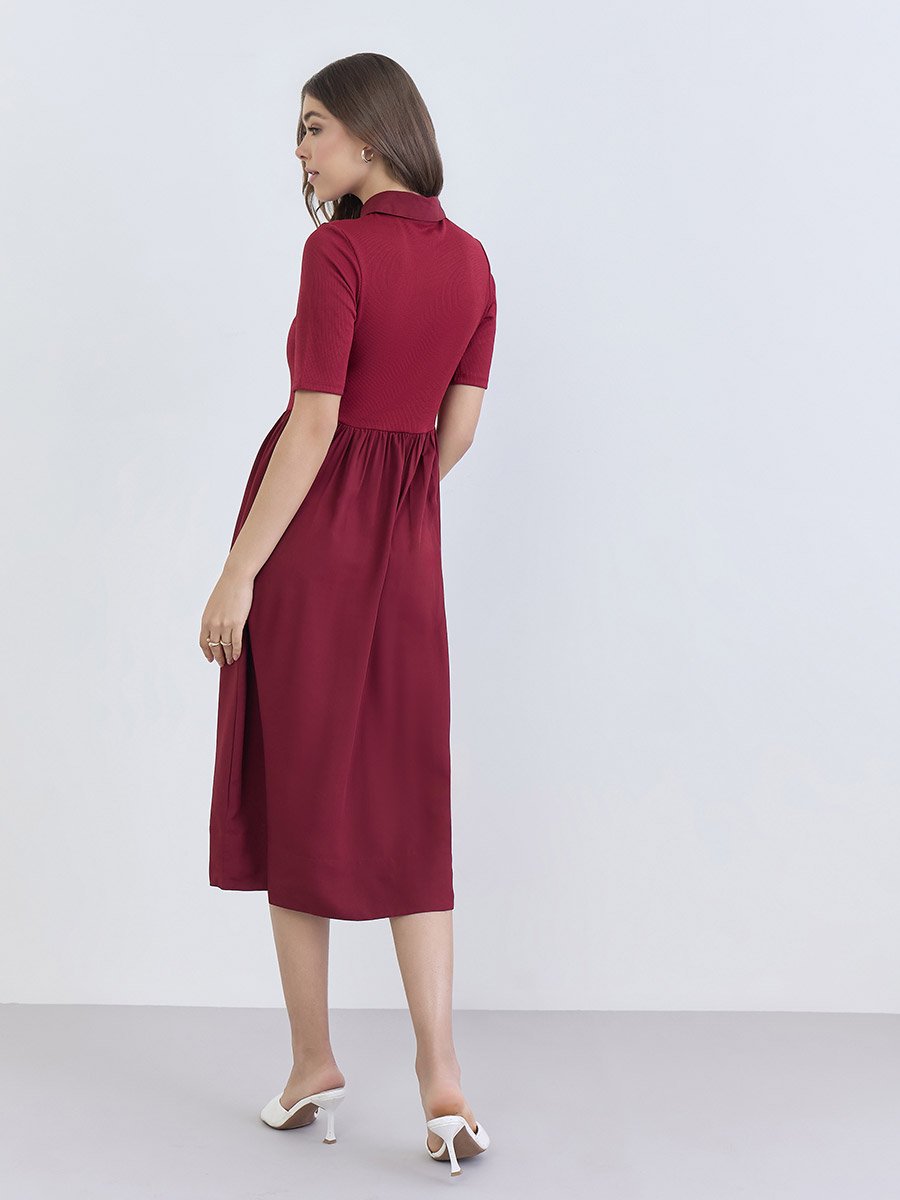 Women Burgundy Buttoned A-Line Midi Dress