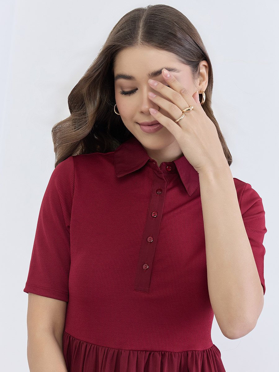Women Burgundy Buttoned A-Line Midi Dress
