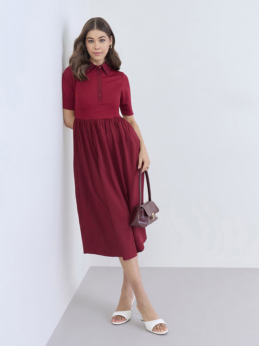 Women Burgundy Buttoned A-Line Midi Dress For Women at UAE | Styli