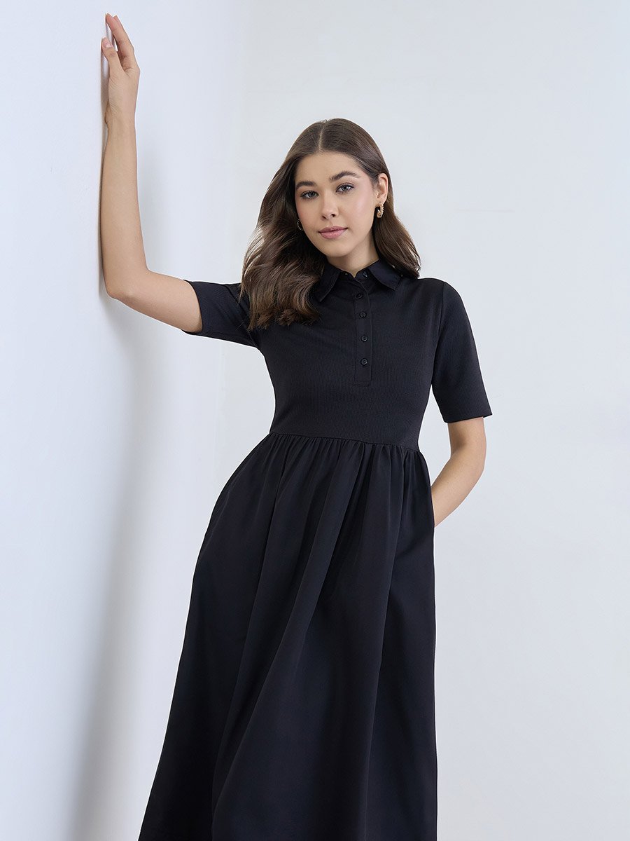 black a line midi dress with sleeves Black Cap Sleeve Boucle A Line Midi Dress main image 1