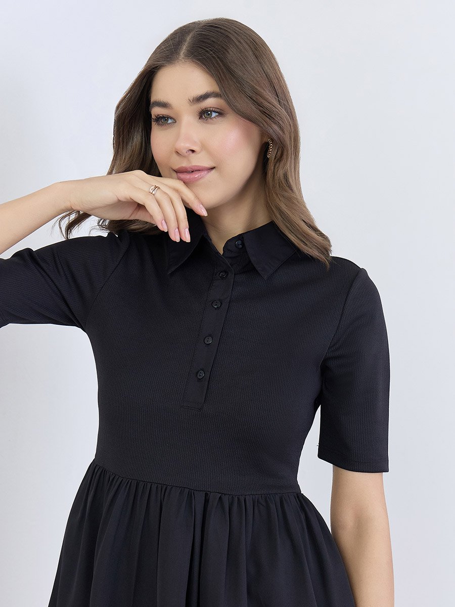 black a line midi dress with sleeves RIVER COTTON SLUB 3/4 SLEEVE A-LINE MIDI DRESS – Velvet by Graham & Spencer main image 1