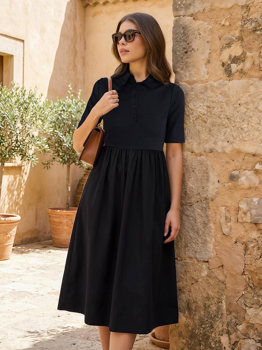 Women Black Short Sleeves A-Line Midi Dress For Women at UAE | Styli Women Black Short Sleeves A-Line Midi Dress For Women at UAE | Styli