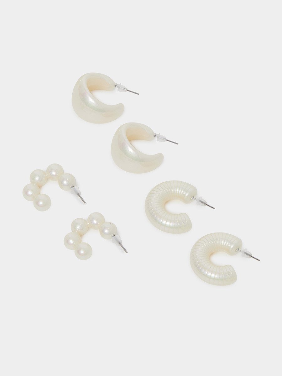 Set of 3 - White Faux Pearl Hoop Earrings