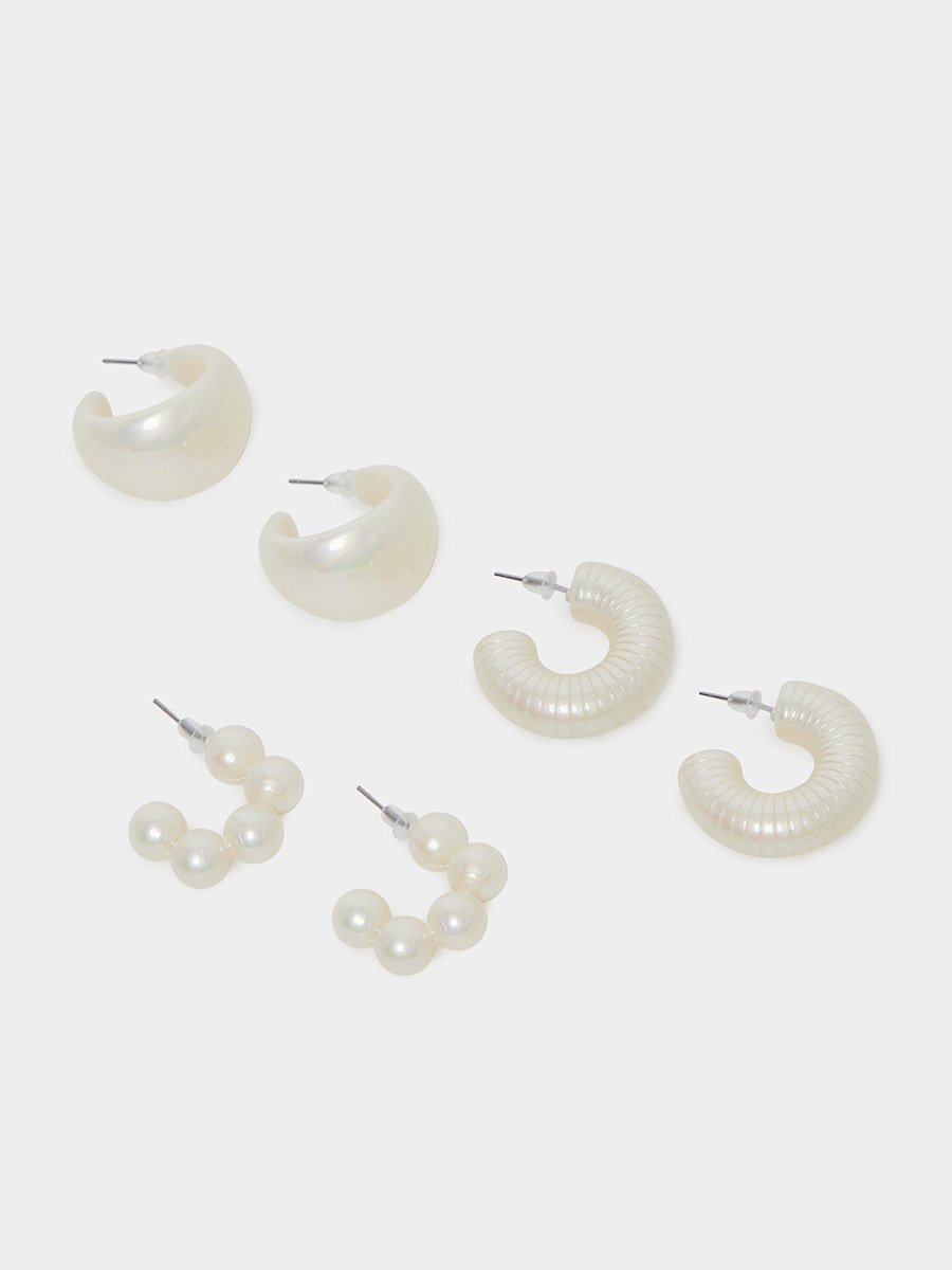 Set of 3 - White Faux Pearl Hoop Earrings