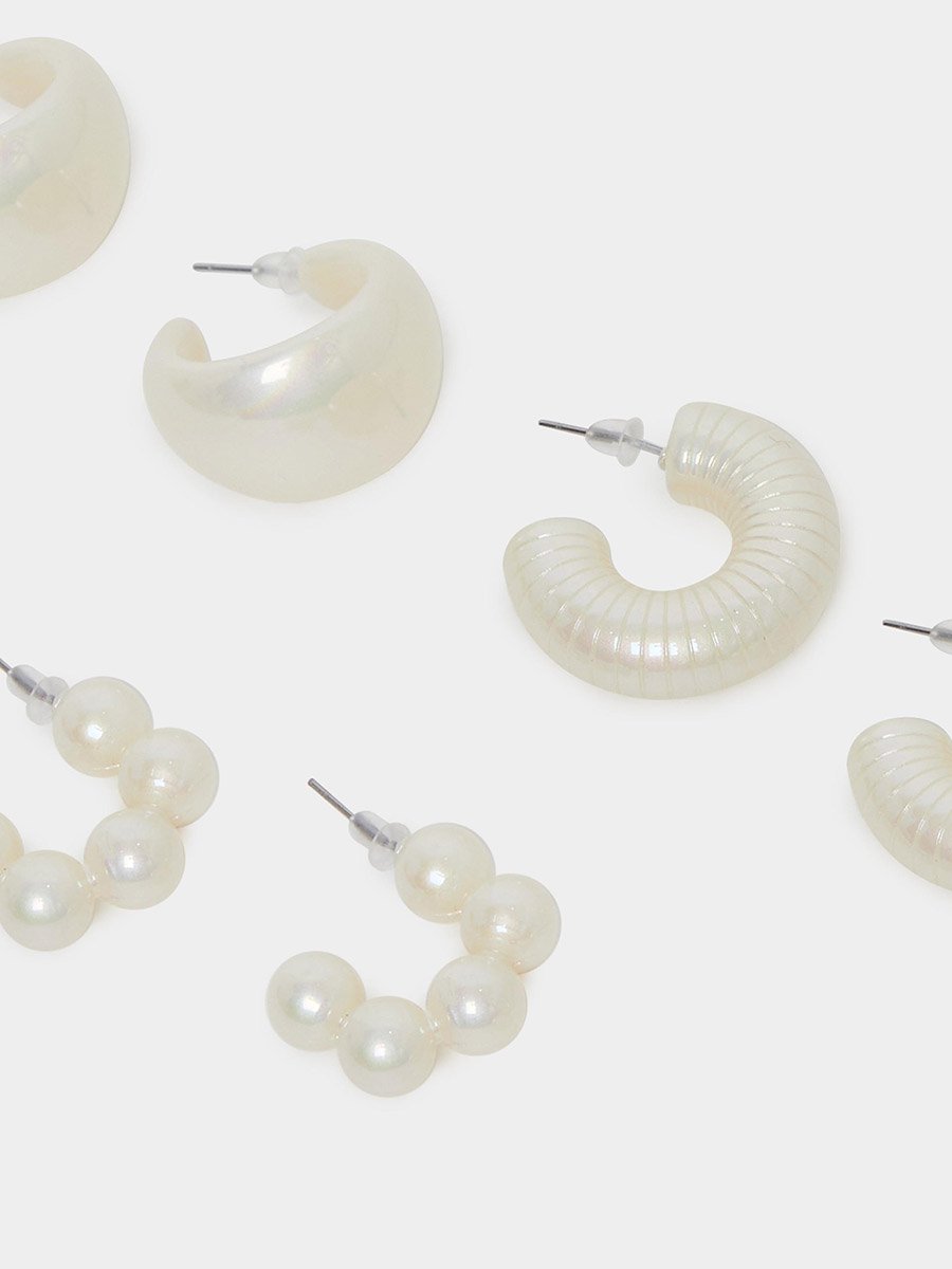 Set of 3 - White Faux Pearl Hoop Earrings