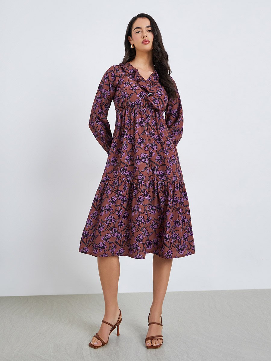 Brown Floral Print Midi Dress