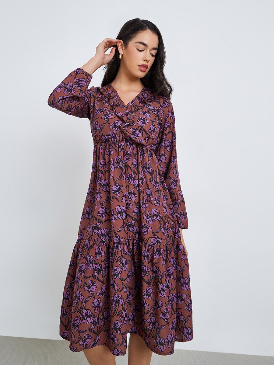 Brown Floral Print Midi Dress