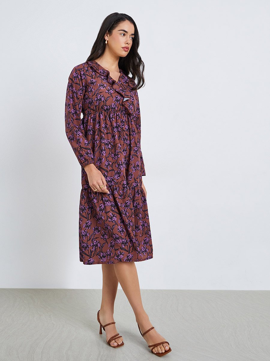 Brown Floral Print Midi Dress
