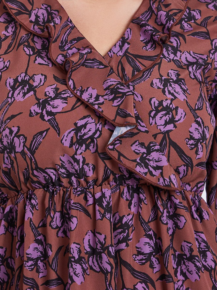 Brown Floral Print Midi Dress