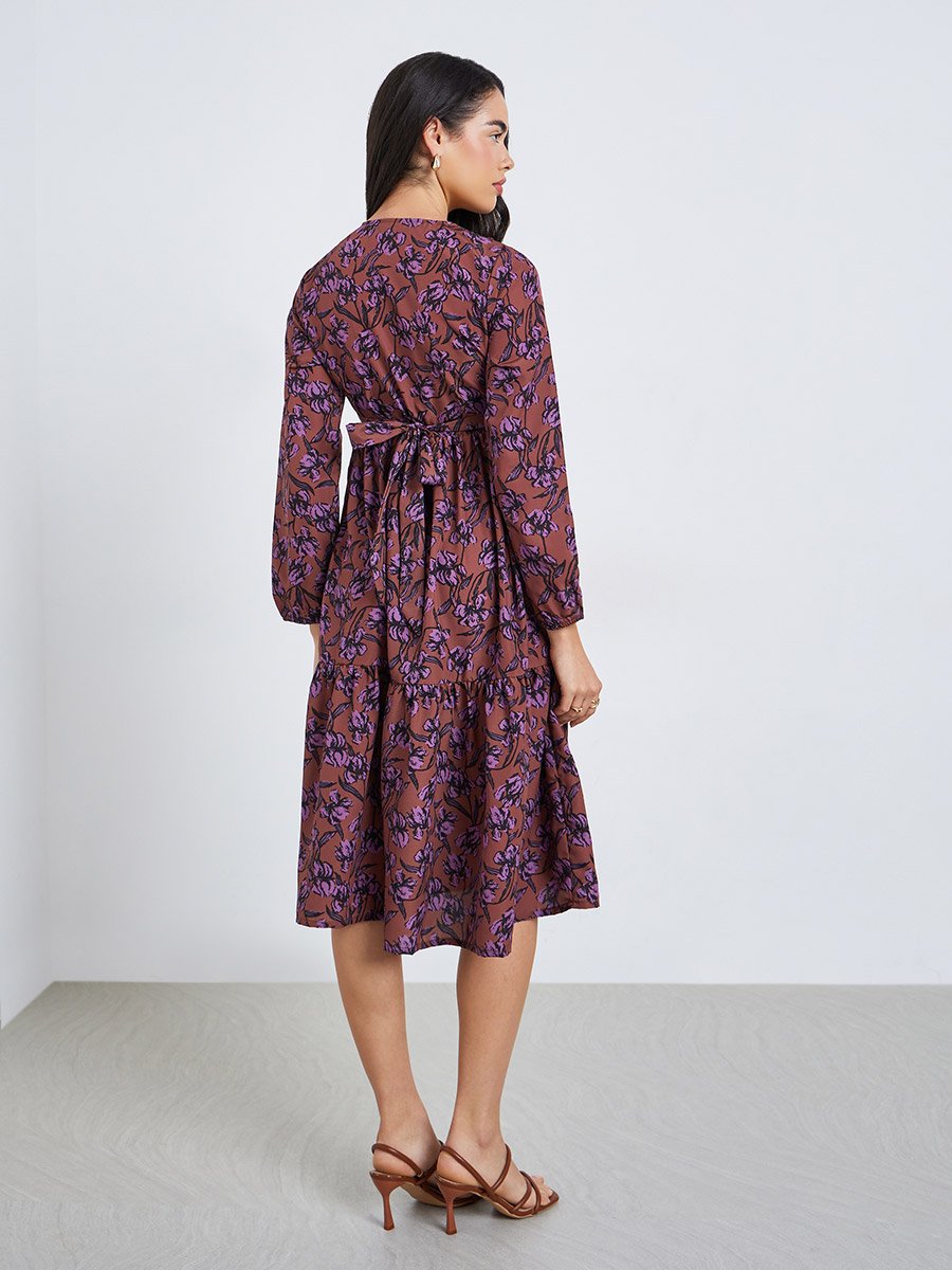 Brown Floral Print Midi Dress