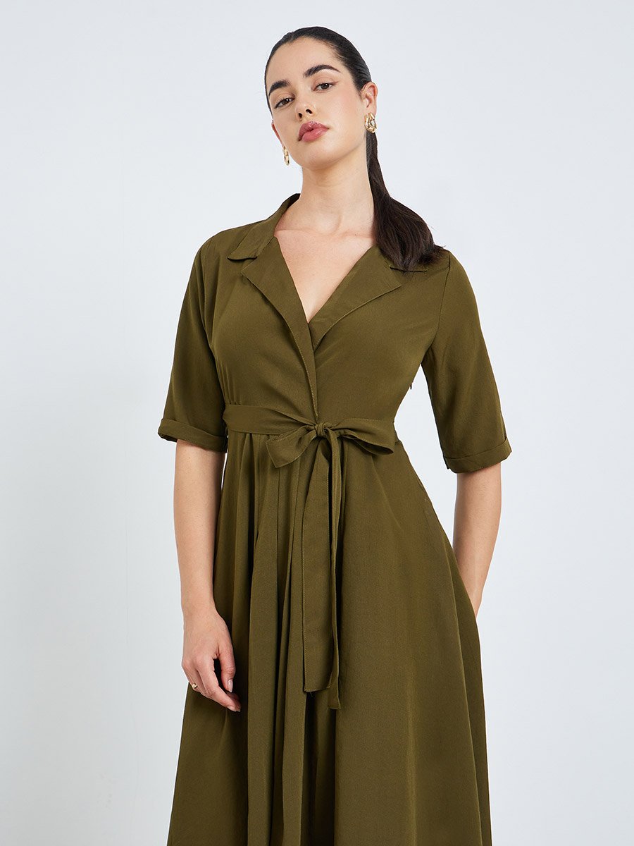 Women Olive Green Solid Midi Blazer Dress For Women at Kuwait | Styli Women Olive Green Solid Midi Blazer Dress For Women at Kuwait | Styli