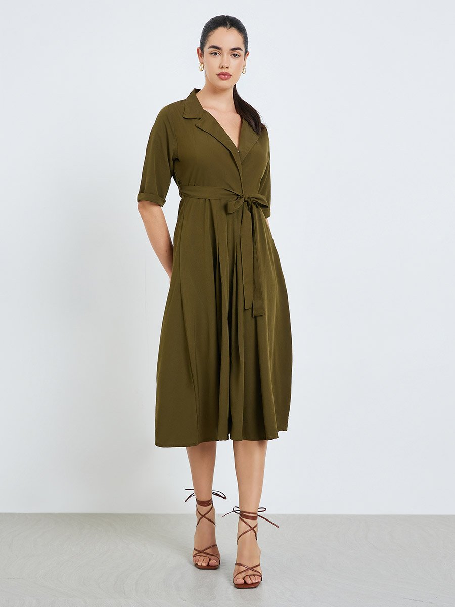 Women Olive Green Solid Midi Blazer Dress For Women at Kuwait | Styli