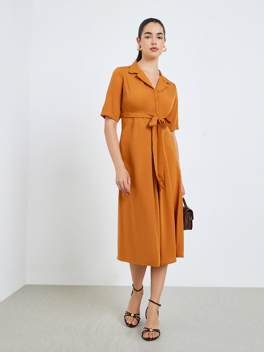 Women Orange Solid Midi Blazer Dress