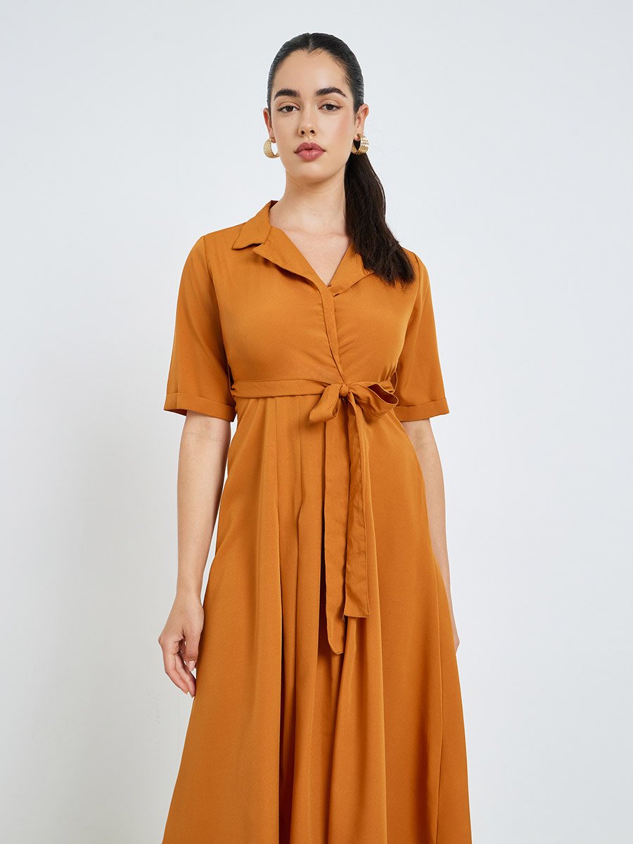 Women Orange Solid Midi Blazer Dress