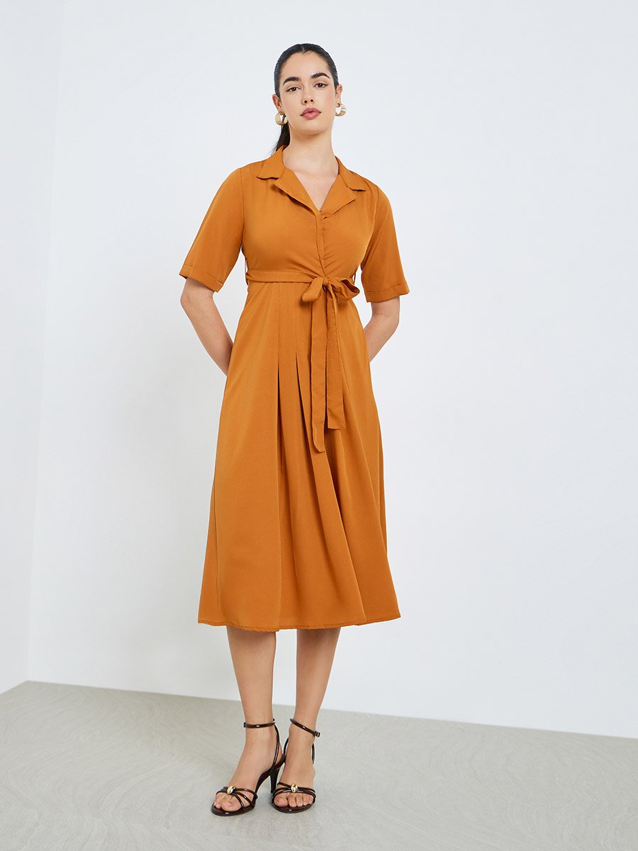 Women Orange Solid Midi Blazer Dress