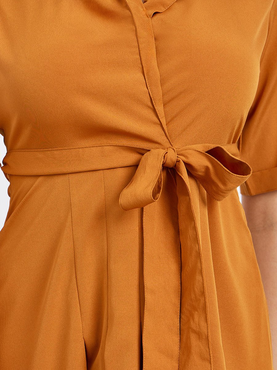 Women Orange Solid Midi Blazer Dress