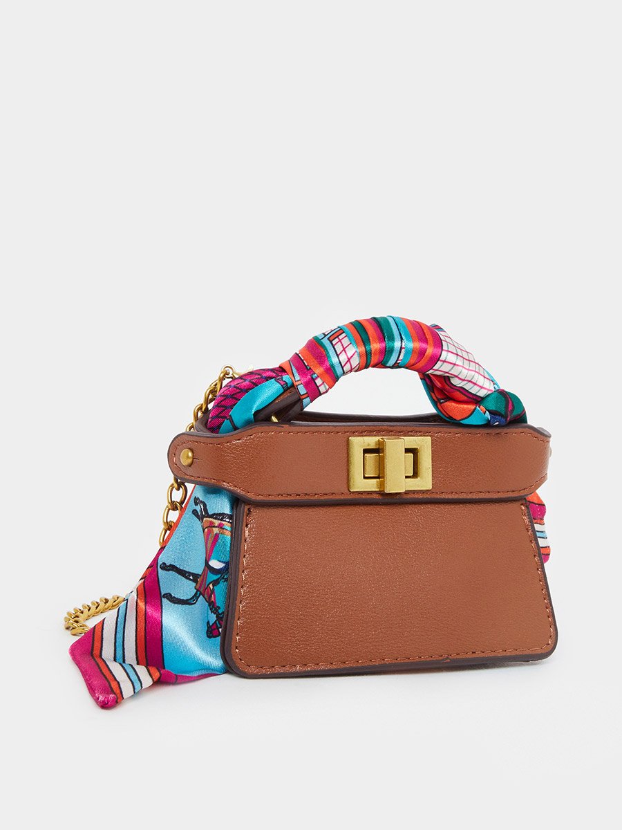 Brown Satchel Bag with Scarf Detail