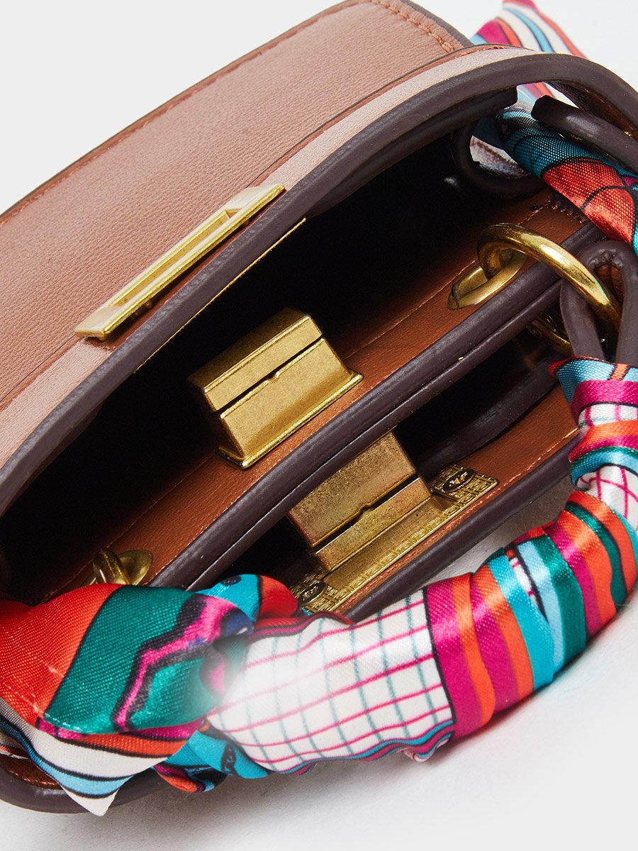 Brown Satchel Bag with Scarf Detail