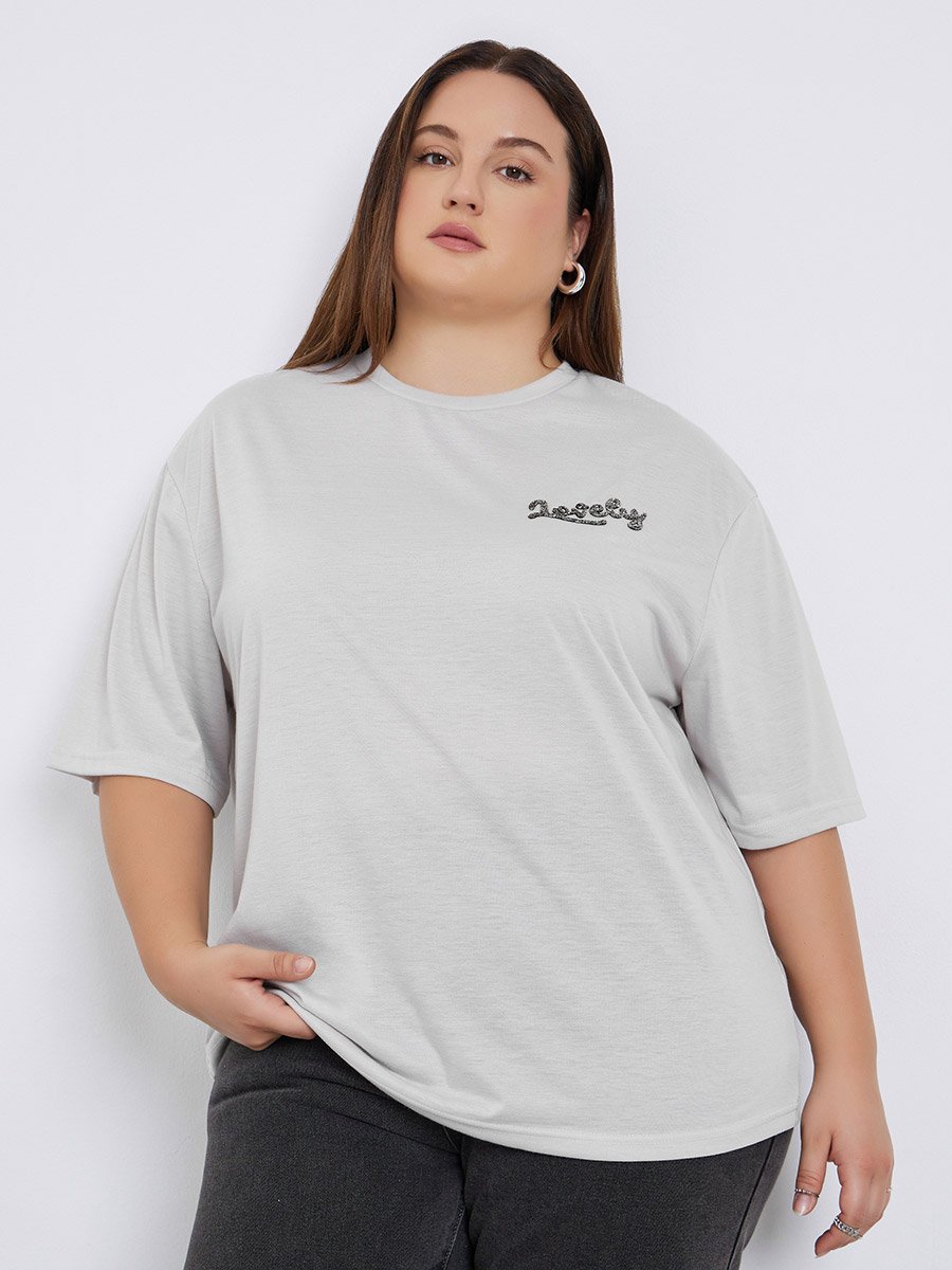 Plus Size Grey Embellished Slogan T-Shirt
