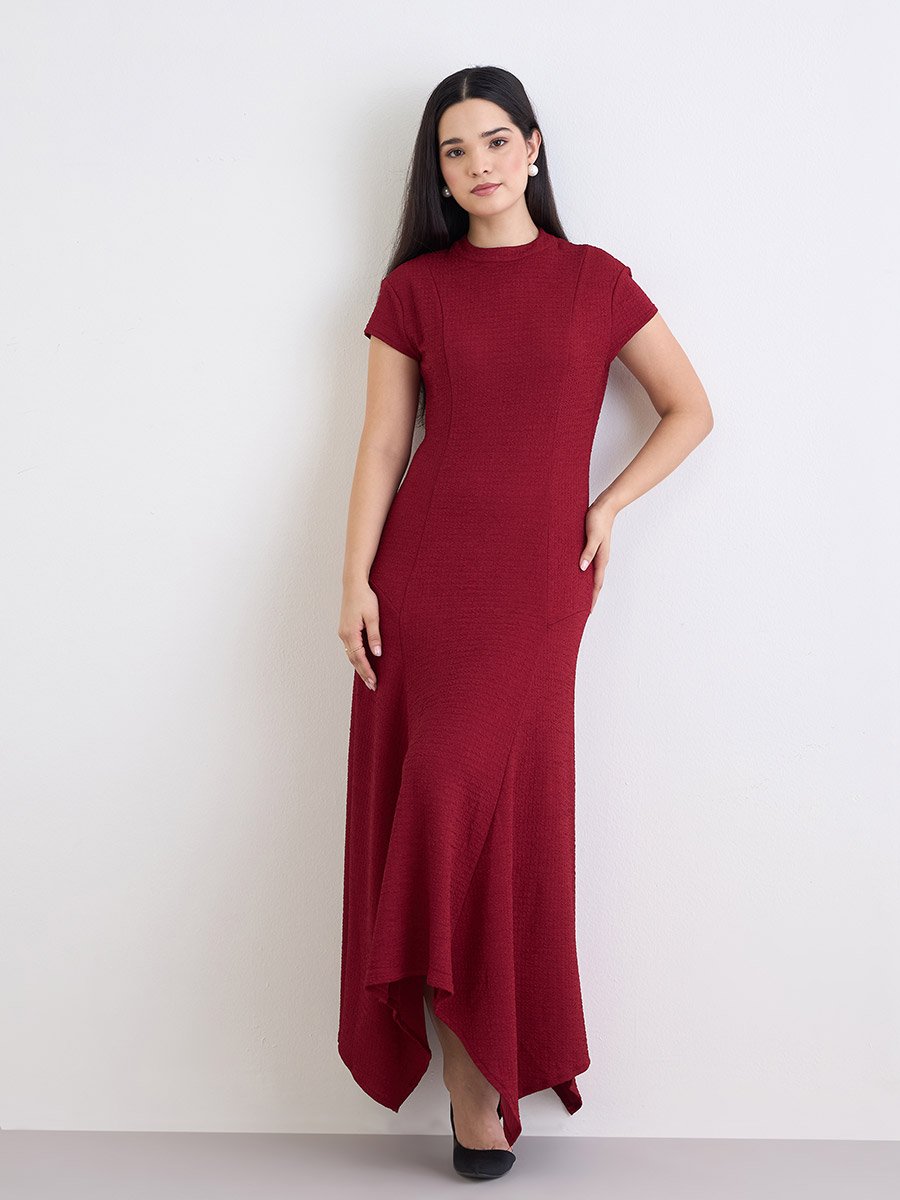 Burgundy Asymmetric Hem Maxi Dress