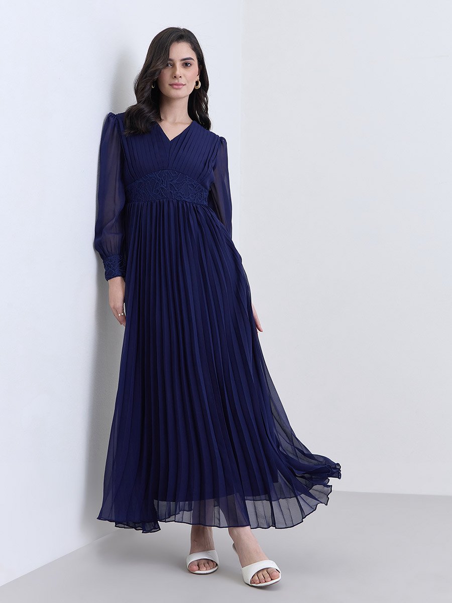 Women Navy Blue Pleated Maxi Dress For Women at UAE | Styli