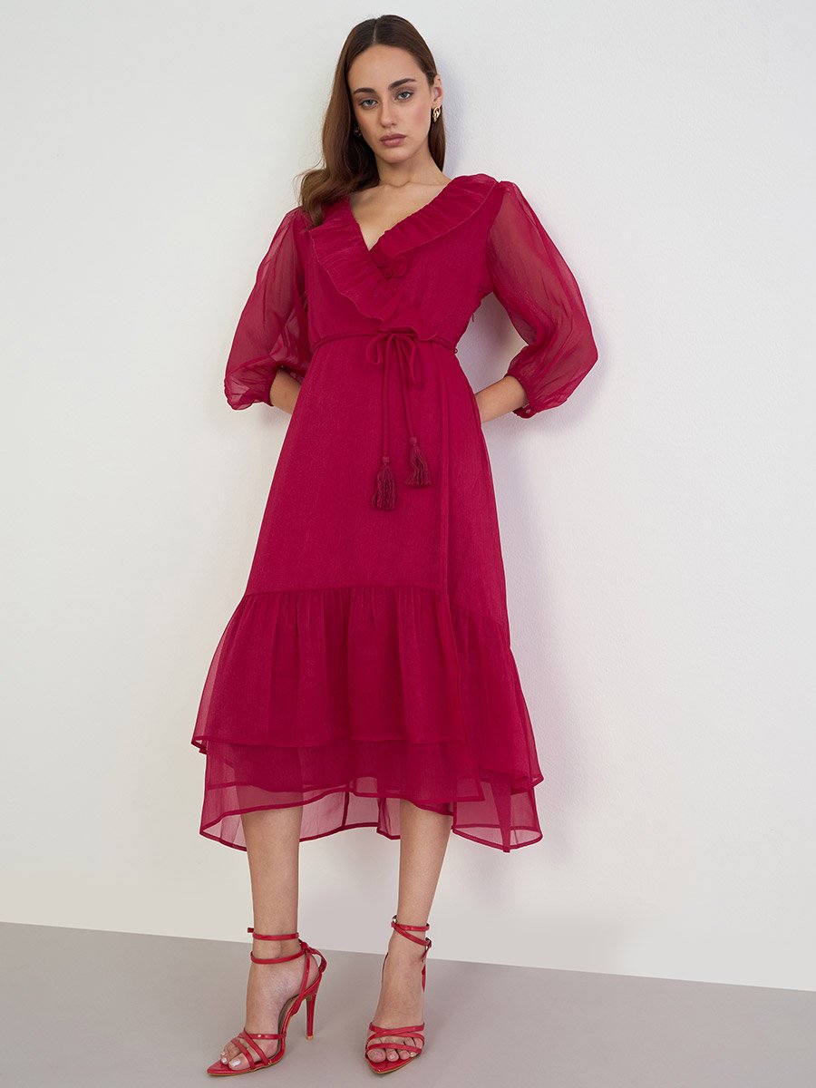 knee length dresses for ladies Square Neck Ruffle Midi Dress with Slit in Fuchsia – Modsele main image 1