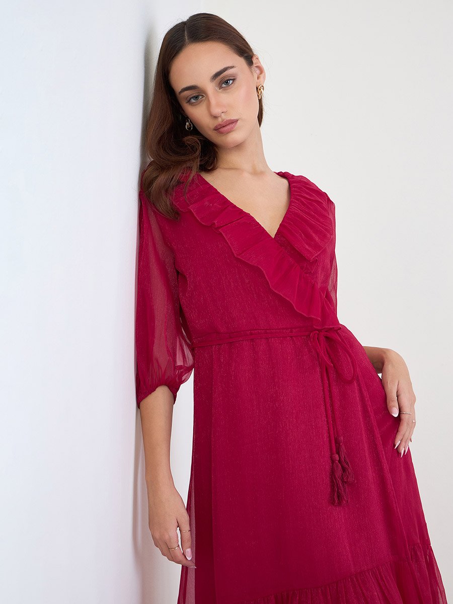 knee length dresses for ladies Magenta Pink Textured Woven Pleated Midi Dress - Women's Dresses main image 1