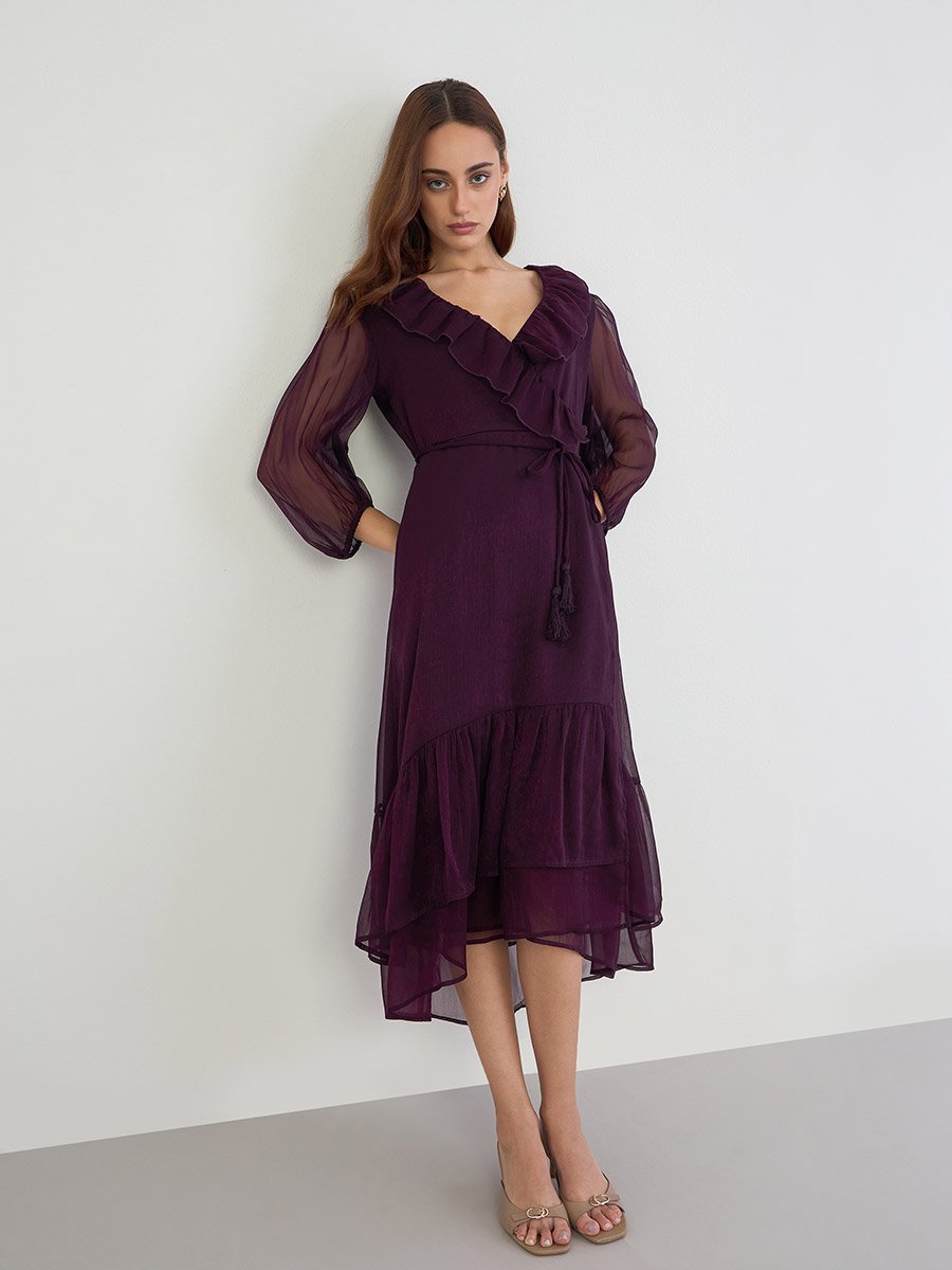 Purple Ruffle Trim Midi Dress