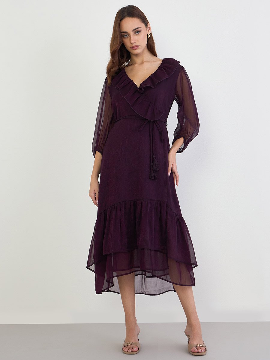 Purple Ruffle Trim Midi Dress