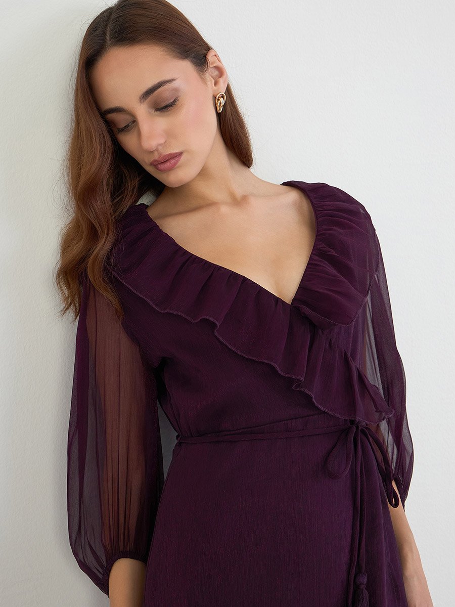 Purple Ruffle Trim Midi Dress