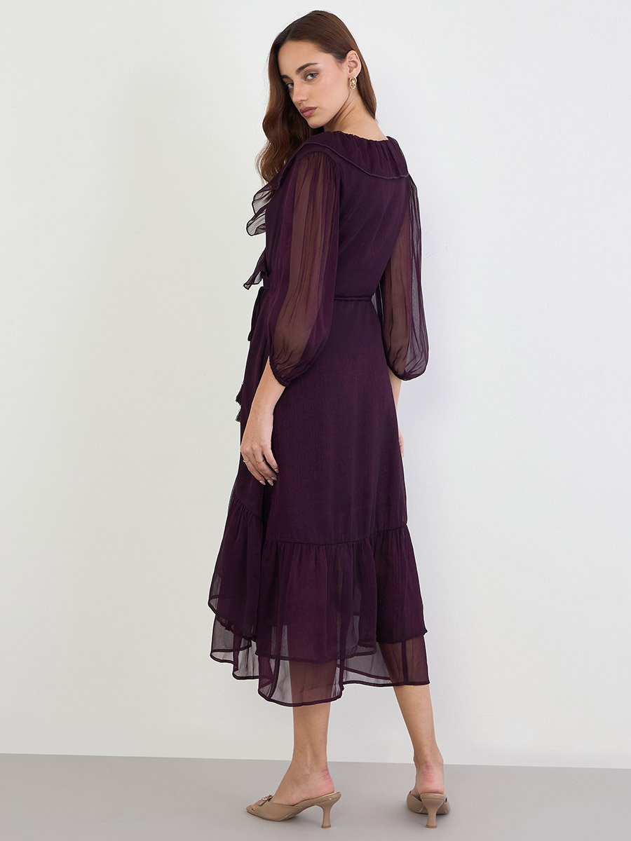 Purple Ruffle Trim Midi Dress