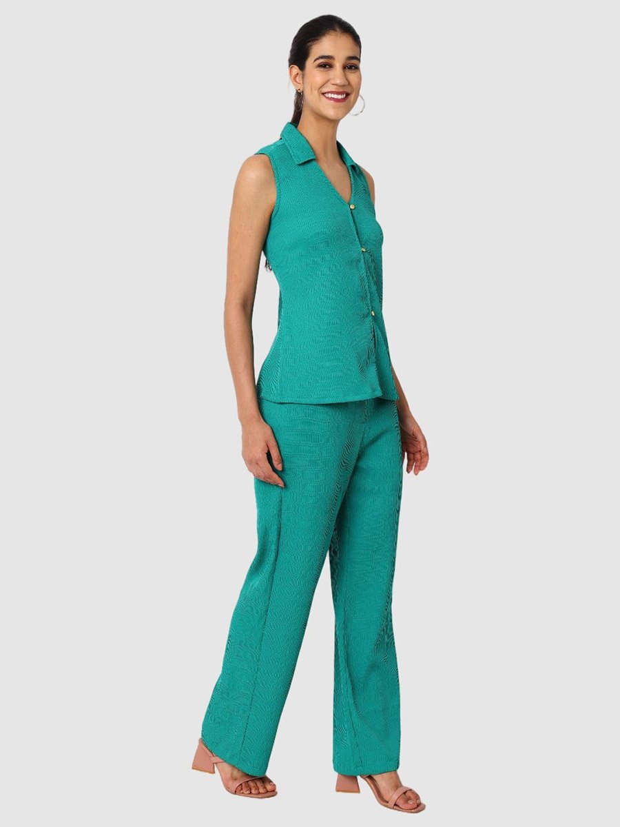 Green Textured Shirt and Trousers Co-ords